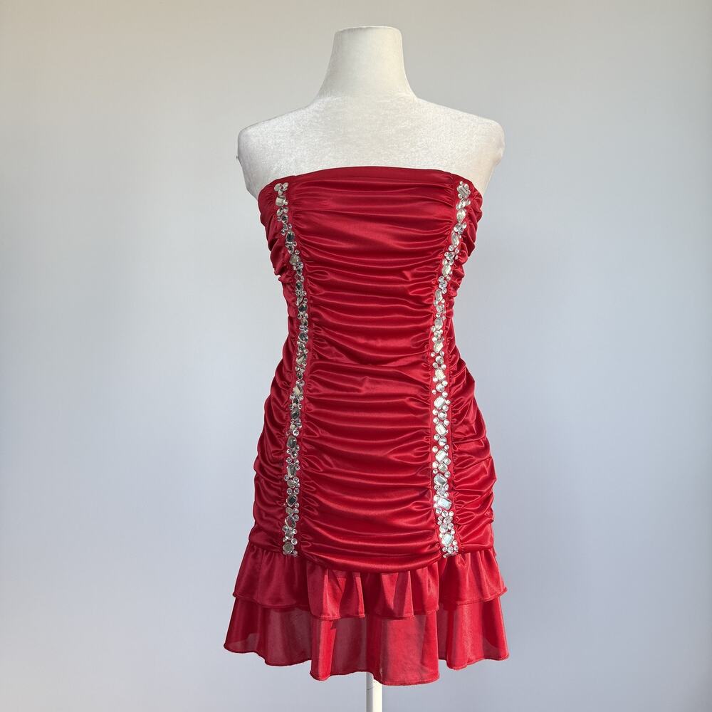 Deb Dress Juniors Large Red Strapless Ruched Sequin Ruffle Hem Bodycon Mini